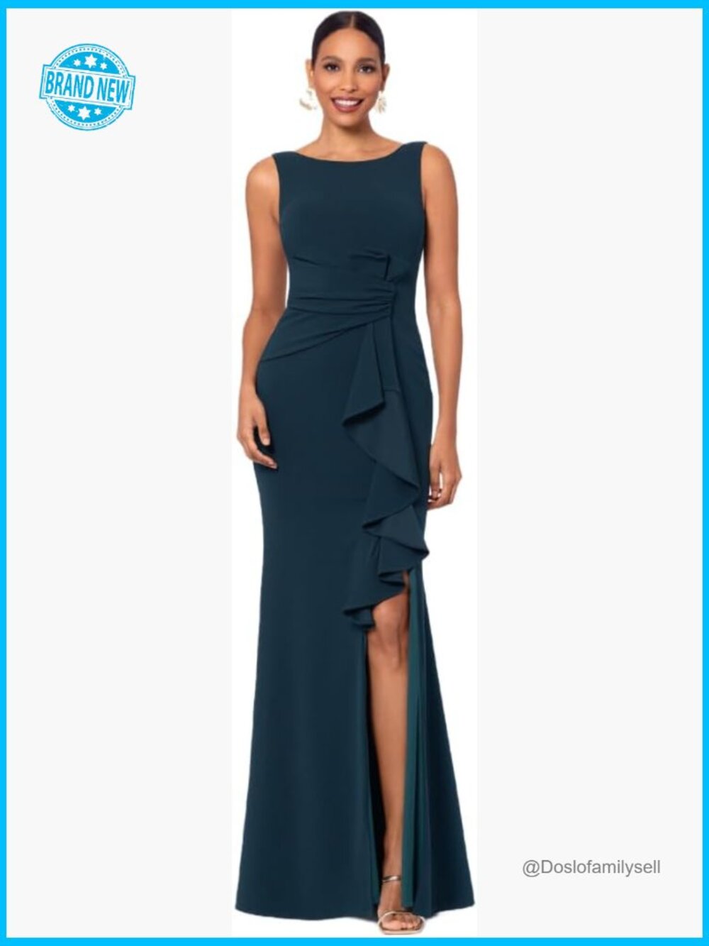 Long Sleeveless Boat Neck Gown Ruffle Side Slit Scuba Crepe Formal Elegant